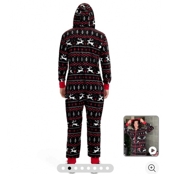 Tipsy Elves | Mens XL | Fair Isle Hooded Onesie Pajamas | Red Black Hooded - Picture 2 of 11